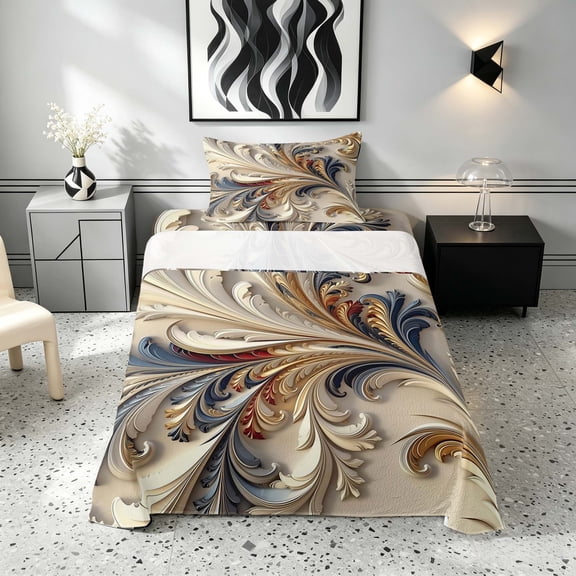 Manfei Baroque Scroll Twin Sheets, Embossed Bedding, Gold Red, Gray Reversible 3 Pieces1 Flat Sheet + 1 Fitted Sheet + 1 Pillowcase