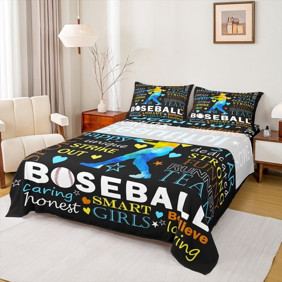 Manfei Baseball Bed Sheets 4pcs for Girls, Sports Theme King Sheets, Black Sheet Set, Lightweight Room Decor