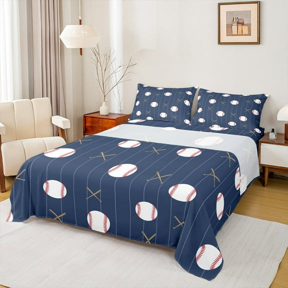Manfei Baseball Bed Sheets Set Twin Size,Sports Theme Bedding Sets Twin Size,Blue White Bed Sheets Twin For Boys,Ultra Soft Room Decorative,3-Piece