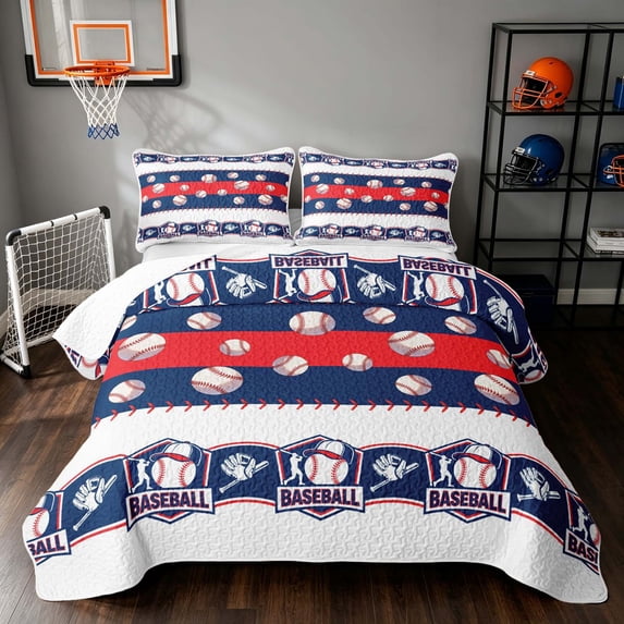 Manfei Baseball Bed Spread Queen, Sport Game Queen Coverlet Set, Red Navy, Reversible 3 Pieces, 1 Quilt and 2 Pillowcases