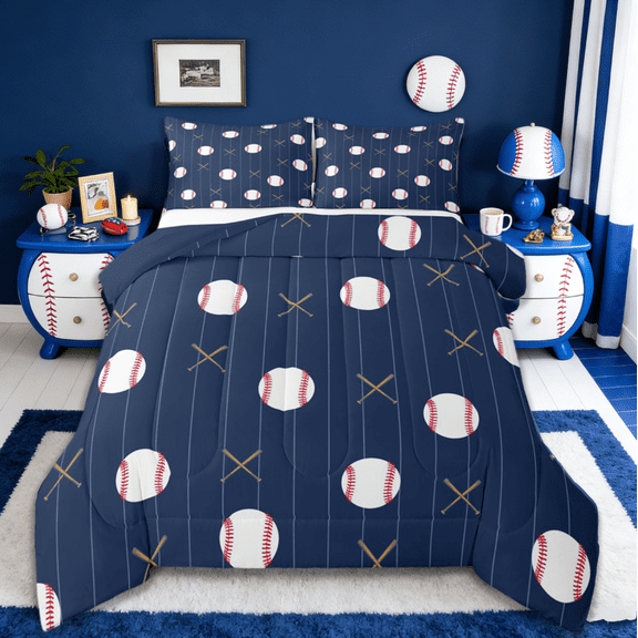 Manfei Baseball Bedding Sets Queen with Comforter,Sports Theme Duvet Insert,Blue White Comforter Sets Queen Size For Boys,Ultra Soft Room Decorative Reversible,3pcs