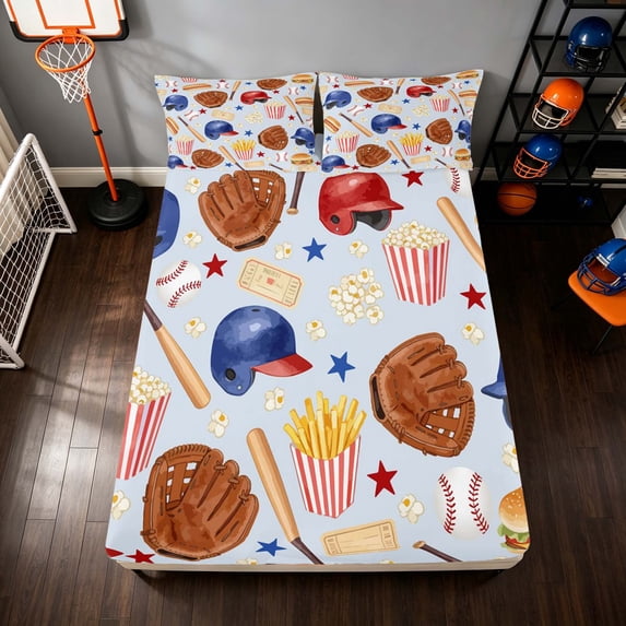 Manfei Baseball Fitted Sheet Full, Sport Gamer Bed Set, Blue Red 3-Piece, 1 Fitted Sheet and 2 Pillowcases