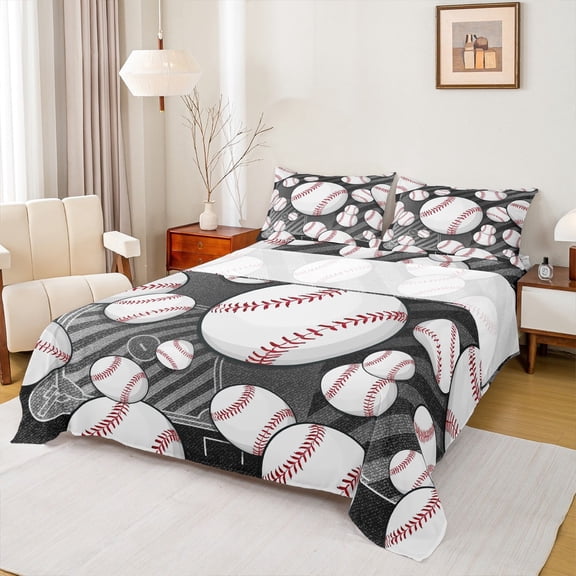 Manfei Baseball Full Size Sheets 4-Piece, Teens Kids Sports Bed Sheets, Black White Gray Sheet Sets, Super Cozy Room Decor