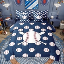 Manfei Baseball Game 7-Piece Twin Bedding Sets,Ball Sport Bedding Comforter Set,White Deepblue Sheet Sets For Girls Kids,Super Cozy Room Decor Reversible