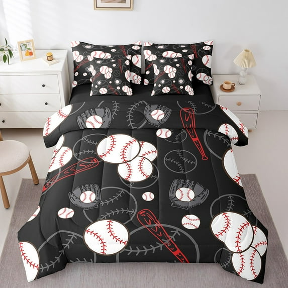 Manfei Baseball Game 7-Piece Twin Bedding Sets,Black White Bedding Comforter Set,Ball Gamer Breathable Sheet Sets,Lightweight Sport Bedroom Decoration,Reversible