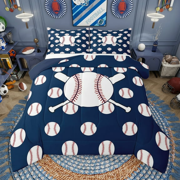 Manfei Baseball Game Bedding Comforter Set,Ball Sport Twin Comforter Sets,White Deepblue Bedding Set For Girls Kids,Super Cozy Room Decor Reversible,2 Pieces