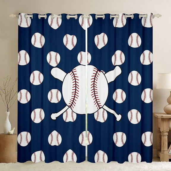 Manfei Baseball Game Black Out Curtains,Ball Sport Curtains Pack of 2 (42x63 Each),White Deepblue Bedroom Curtains For Girls Kids,Super Cozy Room Decor