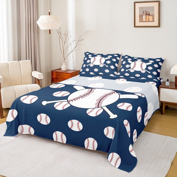Manfei Baseball Game Full Size Sheets,Ball Sport Bed Sheets,White Deepblue Sheet Sets For Girls Kids,Super Cozy Room Decor,4pcs