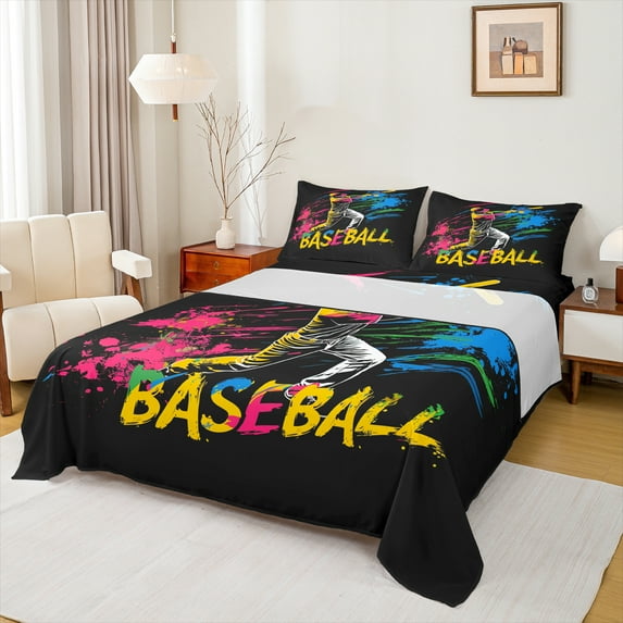 Manfei Baseball Game Full Size Sheets,Sport Gaming Bed Sheets,Multicolor Splatter Ink Sheet Sets For Kids,Luxury Bedroom Decor,4 Pieces