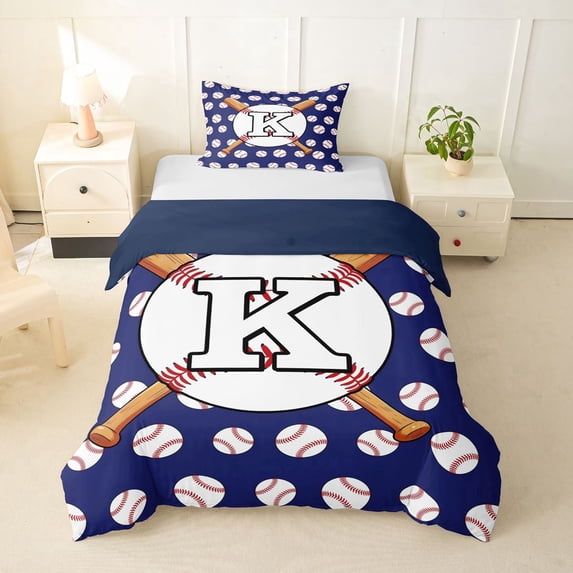 Manfei Baseball Gamer K Personalized Initial Twin Bedding for Boys Girls,Sport Theme Duvet Cover Set for Teens,2pcs,No Comforter,Navy Blue Reversible,Ultra Soft Home Decor