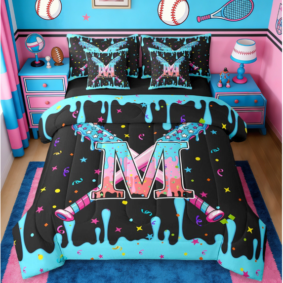 Manfei Baseball Gaming Sports 7-Piece Twin Bedding Sets,Ice Cream Print Letter M Bedding Comforter Set For Teens Boys Reversible