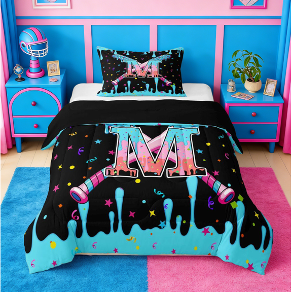 Manfei Baseball Gaming Sports Twin Comforter Sets,Ice Cream Print Letter M Bedding Set For Teens Boys Reversible 2-Piece