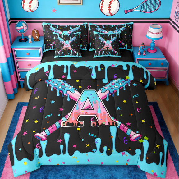 Manfei Baseball Ice Cream 7-Piece Twin Bedding Sets,Watercolor Letter A Monogrammed Bedding Comforter Set For Boys Reversible