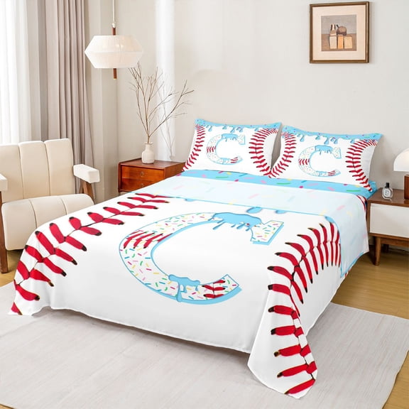 Manfei Baseball Initial C Queen Sheet Sets 4 Pieces,Ice Cream Bed Set