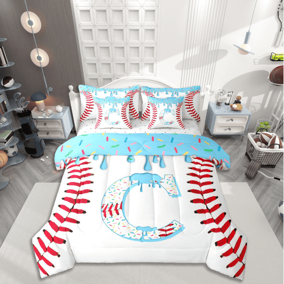 Manfei Baseball Initial C Twin Bedding Sets 7-Piece,Ice Cream Bedding Comforter Set