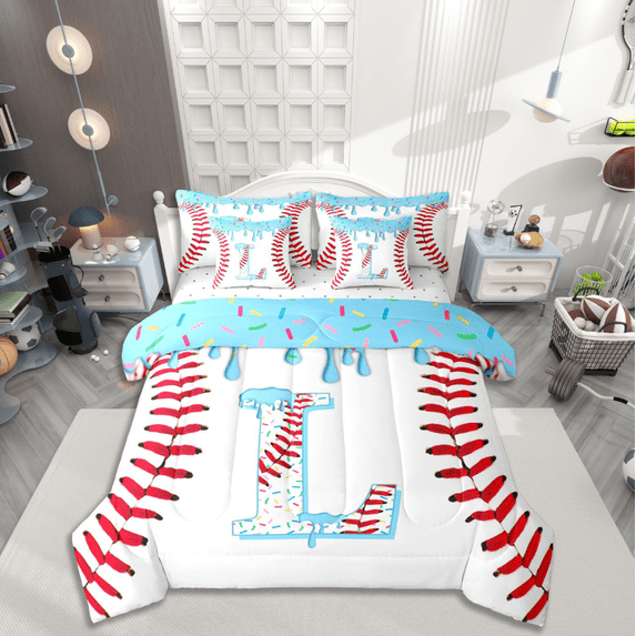 Manfei Baseball Initial L Bedding Comforter Set 7 Pieces,Ice Cream Full Bedding Set