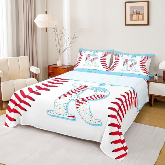 Manfei Baseball Initial R Queen Sheet Sets 4 Pieces,Ice Cream Bed Set