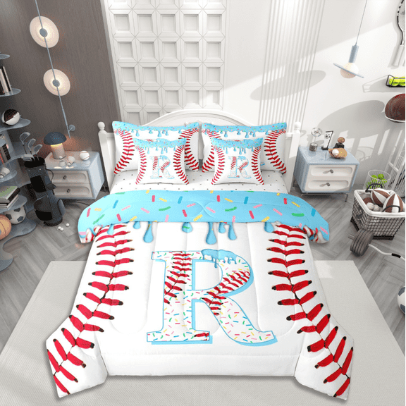 Manfei Baseball Initial R Twin Bedding Sets 7-Piece,Ice Cream Bedding Comforter Set