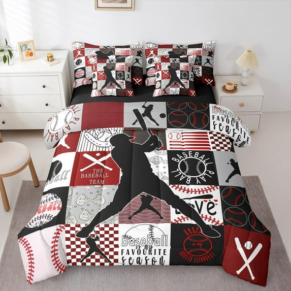 Manfei Baseball Player Bedding Comforter Set 7pcs,Patchwork Geometric Grid Queen Bedding Sets,Red Black White Queen Sheet Sets For Child,Super Cozy Room Decor Reversible