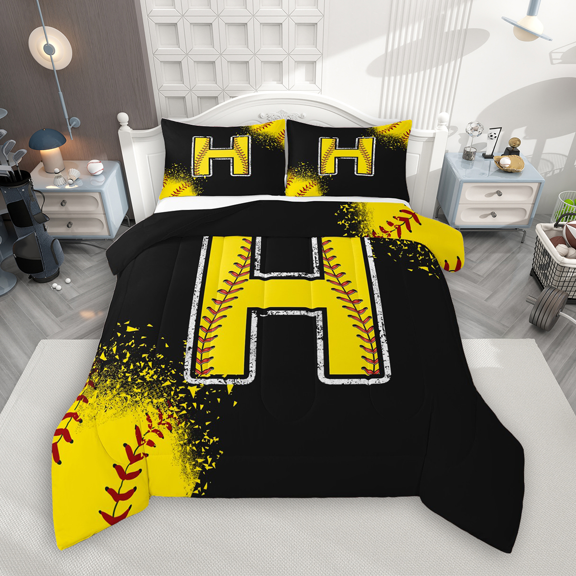Manfei Baseball Print Bedding Comforter Set 2pcs for Boys Girls, Sport Monogrammed Twin Comforter Sets, Personalized Letter H Bedding Set, Breathable Home Decor
