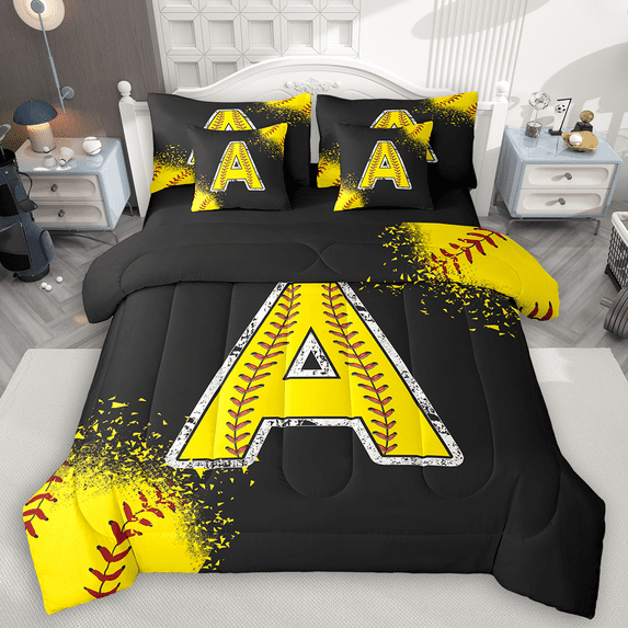 Manfei Baseball Print Bedding Comforter Set 7pcs for Boys Girls, Sport Monogrammed King Bedding Sets, Personalized Letter A Bed Sheets, Microfiber Bedroom Decor