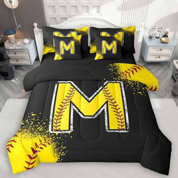 Manfei Baseball Print Bedding Comforter Set 7pcs for Boys Girls, Sport Monogrammed King Bedding Sets, Personalized Letter M Bed Sheets, Microfiber Bedroom Decor
