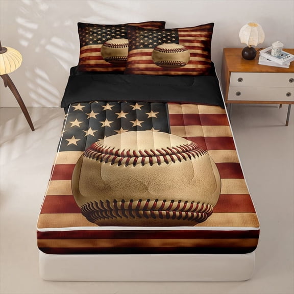 Manfei Baseball Print Zipper Twin Comforter Sets with Fitted Sheet and 2 Pillowcases,Watercolor Us Flag Zipper Bedding Set,Black Reversible,4pcs