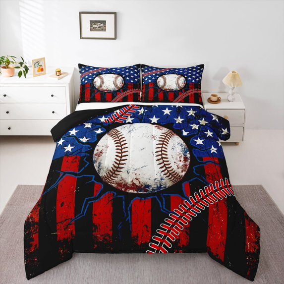 Manfei Baseball Queen Comforter Set,Rustic Usa Flag Comforter Sets Queen,Red Black Stripes Decor,Black Reversible,3pcs,1 Comforter and 2 Pillowcases
