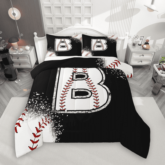 Manfei Baseball Sport Bedding Comforter Set 2pcs for Kids Teens, Black White Twin Comforter Sets, Monogrammed Letter B Bedding Set, Luxury Bedroom Decor