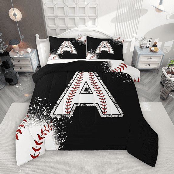 Manfei Baseball Sport Bedding Comforter Set 2pcs for Kids Teens, Black White Twin Comforter Sets, Monogrammed Letter A Bedding Set, Lightweight Room Decor