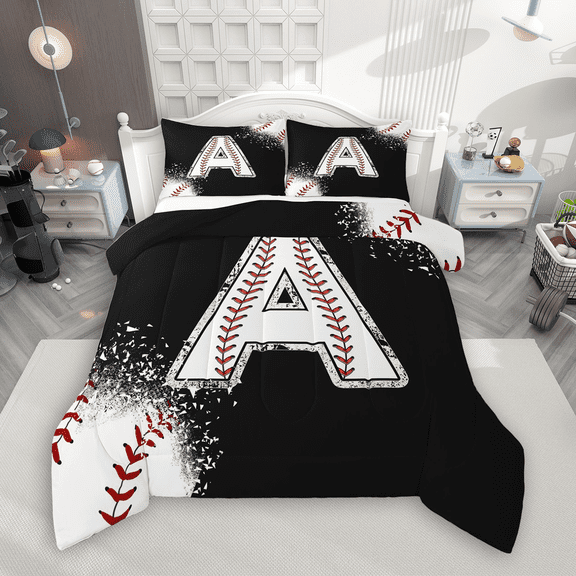Manfei Baseball Sport Bedding Comforter Set 2pcs for Kids Teens, Black White Twin Comforter Sets, Monogrammed Letter A Bedding Set, Lightweight Room Decor