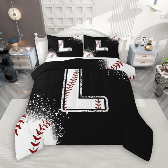 Manfei Baseball Sport Bedding Comforter Set 2pcs for Kids Teens, Black White Twin Comforter Sets, Monogrammed Letter L Bedding Set, Breathable Home Decor
