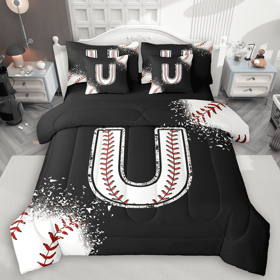Manfei Baseball Sport Bedding Comforter Set 7-Piece for Kids Teens, Black White Full Bedding Set, Monogrammed Letter U Fitted Sheet Flat Sheet, Ultra Soft Home Decor