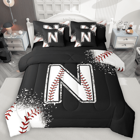 Manfei Baseball Sport Bedding Comforter Set 7 Pieces for Kids Teens, Black White Queen Bedding Sets, Monogrammed Letter N Queen Sheet Sets, Luxury Bedroom Decor