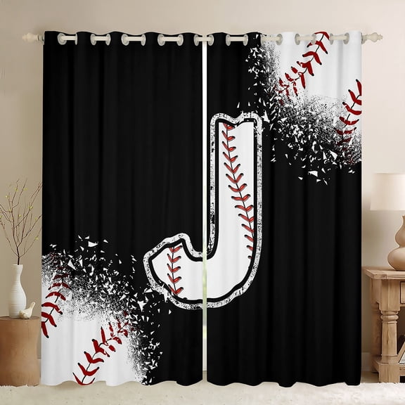 Manfei Baseball Sport Black Out Curtains for Kids Teens, Black White Curtains Pack of 2 (42x63 Each), Monogrammed Letter J Bedroom Curtains, Luxurious Room Decor