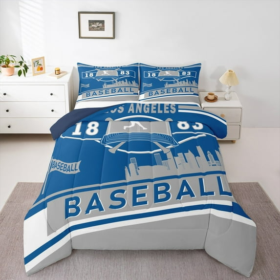 Manfei Baseball Sport City Full Size Comforter Sets,Ball Game Lover Bedding Comforter Set,Gray Blue Bedding Sets For Children,Super Cozy Room Decor Reversible,3-Piece