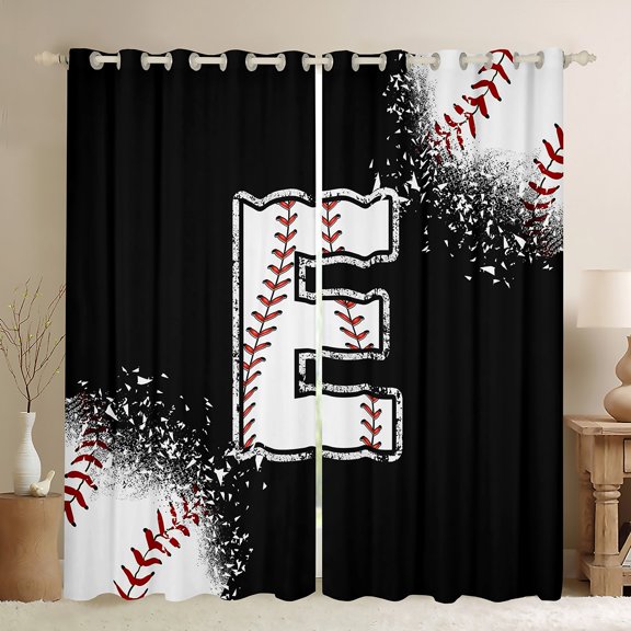 Manfei Baseball Sport Curtains Pack of 2 (42x84 Each) for Kids Teens, Black White Curtains Blackout, Monogrammed Letter E Bedroom Curtains, Luxury Bedroom Decor