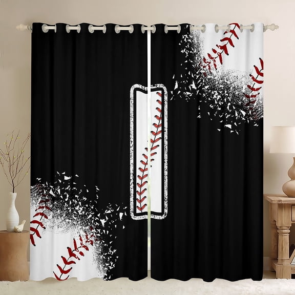 Manfei Baseball Sport Curtains Pack of 2 (42x84 Each) for Kids Teens, Black White Curtains Blackout, Monogrammed Letter I Bedroom Curtains, Luxurious Home Decor