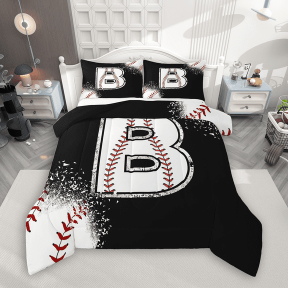 Manfei Baseball Sport Full Size Comforter Sets 3-Piece for Kids Teens, Black White Bedding Comforter Set, Monogrammed Letter B Bedding Sets, Luxury Bedroom Decor