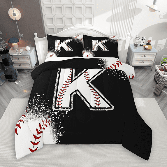 Manfei Baseball Sport Full Size Comforter Sets 3-Piece for Kids Teens, Black White Bedding Comforter Set, Monogrammed Letter K Bedding Sets, Microfiber Bedroom Decor