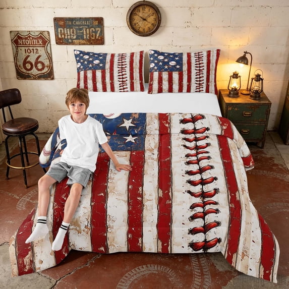 Manfei Baseball Sport Full Size Comforter Sets, Grunge American Flag Bedding Comforter Set, Red White Blue, Black Reversible 3-Piece, 1 Comforter and 2 Pillowcases