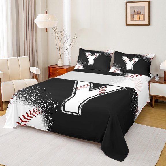 Manfei Baseball Full Sheet Set (4-Piece), Monogrammed Letter Y