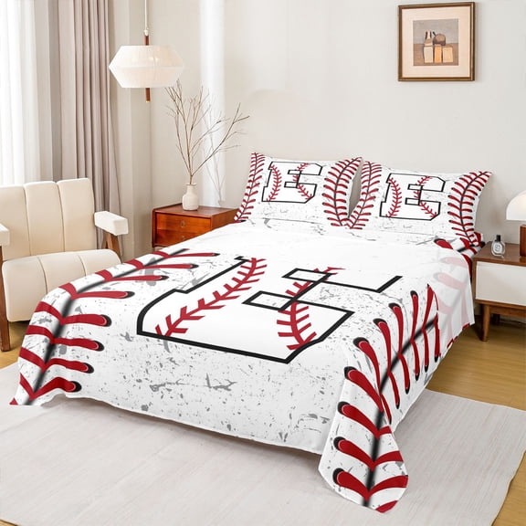 Manfei Baseball Sport Lovers Bed Sheets,Boys Ball Game King Sheets,First Letter E Sheet Set For Boys,Super Cozy Room Decor,4-Piece