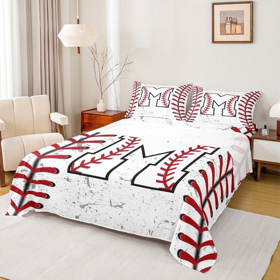 Manfei Baseball Sport Lovers Full Size Sheets,Boys Ball Game Bed Sheets,First Letter M Sheet Sets For Boys,Super Cozy Room Decor,4-Piece