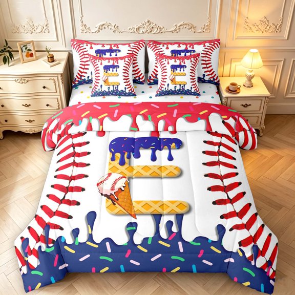 Manfei Baseball Sport Monogrammed E 7 Pieces Full Size Bedding Sets,Ice Cream Full Size Bed in a Bag,Navy Red,Polkadot Reversible
