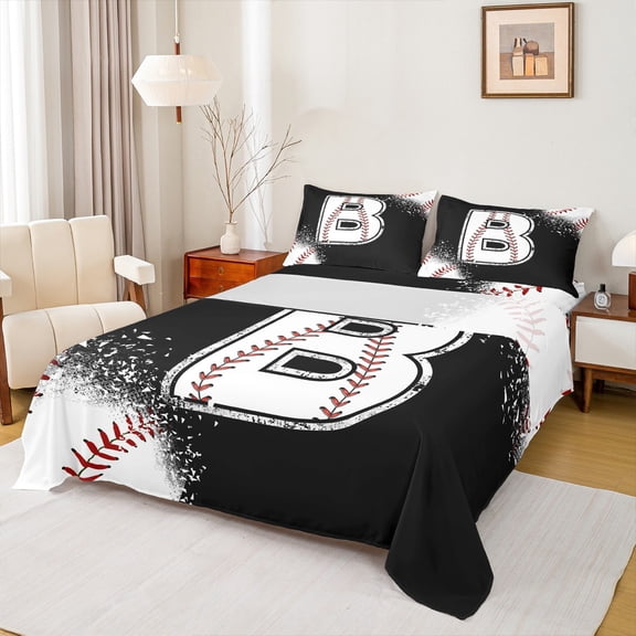 Manfei Baseball Sport Twin Sheet Sets 3pcs for Kids Teens, Black White Twin Fitted Sheet, Monogrammed Letter B Flat Sheet, Luxury Bedroom Decor