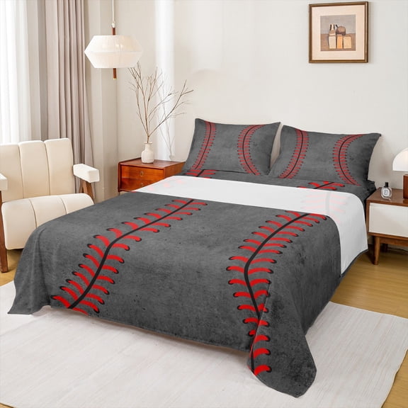 Manfei Baseball Sport Twin Sheet Sets,Boya Ball Game Twin Fitted Sheet,Red Gray Flat Sheet For Teens,Breathable Home Decor,3 Pieces