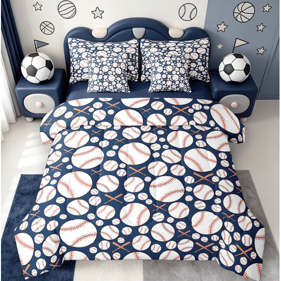Manfei Baseball Sports 7-Piece Bedding Comforter Set,Ball Game Gaming King Bedding Sets,White Blue Bed Sheets For Boys Teens,Ultra Soft Home Decor Reversible