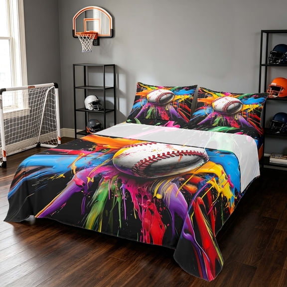 Manfei Baseball Sports Bed Sheets, Rainbow Splatters Full Size Sheets, Black Multicolor White 4 Pieces(1 Flat Sheet, 1 Fitted Sheet and 2 Pillowcases)