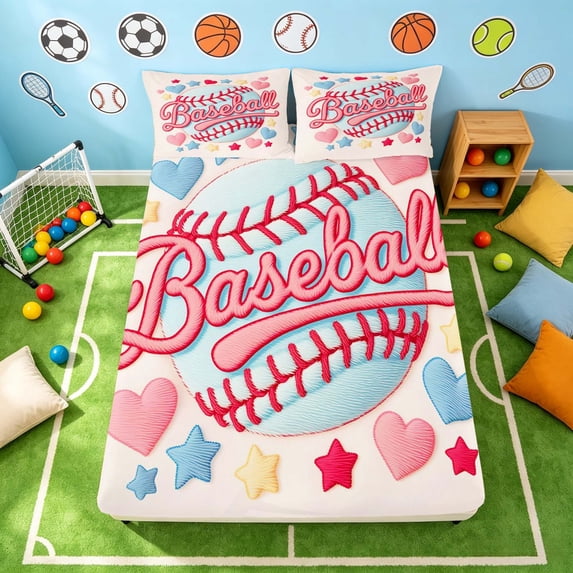 Manfei Baseball Sports Fitted Sheet, Colorful Hearts Queen Bedding, Pastel Pink Blue 3 Pieces, 1 Fitted Sheet and 2 Pillowcases